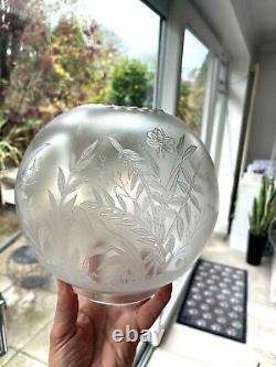 Round victorian etched satin oil lamp shade, wasps bees and herons