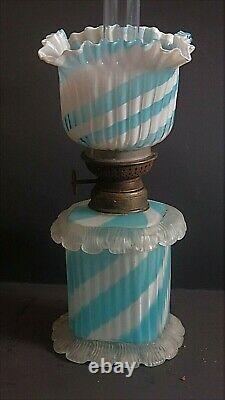 SII-XV Victorian Antique Rare Art Glass Footed Miniature Oil Lamp Shell-Rigaree