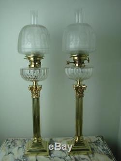 Stunning Pair, Victorian Hinks Banquet Oil Lamps, Cut Glass Fonts, Etched Shades