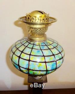 STUNNING VICTORIAN BRONZE AND LOETZ GLASS CORINTHIAN COLUMN OIL LAMP, ANTIQUE