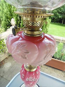 Stunning Victorian Cranberry/pink Glass & Porcelain Oil Lamp