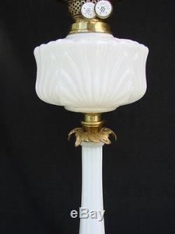 Stunning Victorian Oil Lamp Opaline Glass Shade, Column, Font + Cast Brass Base
