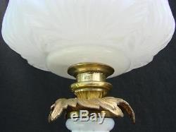 Stunning Victorian Oil Lamp Opaline Glass Shade, Column, Font + Cast Brass Base