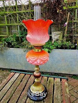 Stunning Victorian Orange Satin Glass Duplex Oil Lamp Complete With Shade