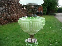 Super Antique Green Glass Victorian Oil Lamp With Duplex Burner & Etched Shade
