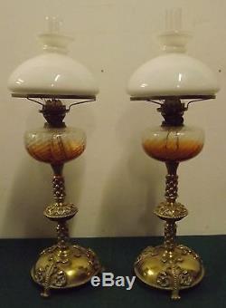 Superb Antique Pair Of Large Victorian Brass And Glass Oil Lamps (bamford)