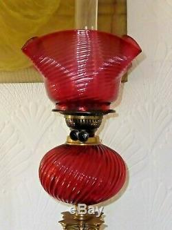 SUPERB COMPLETE VICTORIAN RUBY SWIRL DUPLEX Reg design OIL LAMP