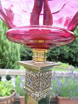 Superb Fine Quality Brass Column Cranberry Victorian Oil Lamp