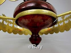 Superb Gothic Brass & Ruby Glass Hinks Oil Lamp Chandelier With Original Shade