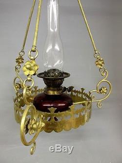 Superb Gothic Brass & Ruby Glass Hinks Oil Lamp Chandelier With Original Shade