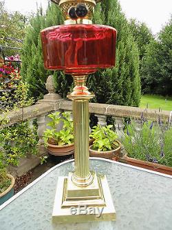 Superb Quality Doric Column Cranberry Victorian Oil Lamp