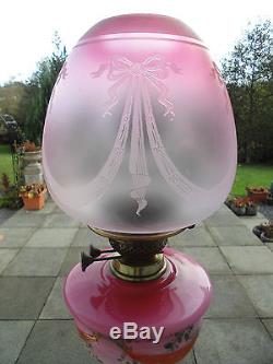 Superb Victorian 26.3/4 Tall Decorative Cranberry/pink Duplex Oil Lamp