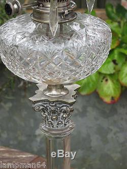 SUPERB VICTORIAN CUT GLASS COLUMN OIL LAMP WITH HINKS BURNER