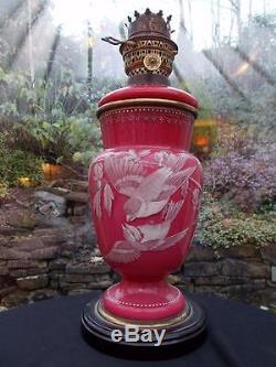 Superb Victorian Pink / Red Opaline Glass Oil Lamp Enamelled Birds Stunning