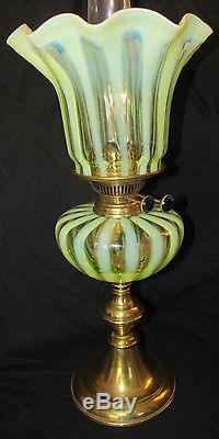 Superb Victorian Vaseline Glass Duplex Oil Lamp & Matching Shade
