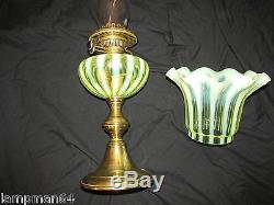 Superb Victorian Vaseline Glass Duplex Oil Lamp & Matching Shade