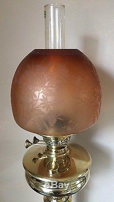 Superb Victorian Veritas Brass Oil Lamp With Peach Acid Etched Crystal Shade