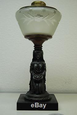 Sandwich Glass Antique Oil Kerosene Old American Madonna Figural Eapg Metal Lamp