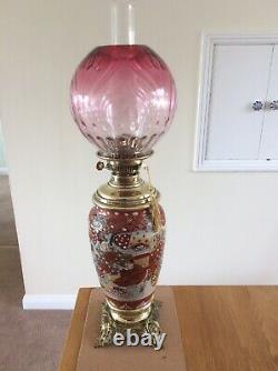 Satsuma Oil Lamp With Original Cranberry Shade
