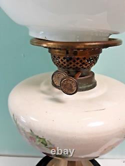 Scarce Antique 19th century pottery font duplex oil lamp floral scenes