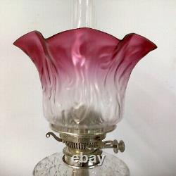 Silver Plated Oil Lamp Hawksworth Eyre & Co Base Messengers No2. Cranberry Shade