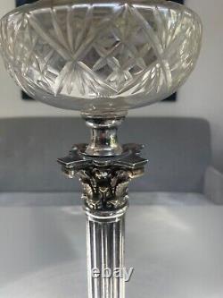 Silver plate corinthian column oil lamp base leaded cut glass Messenger Font