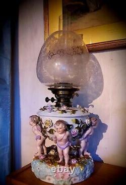 Sitzendorf Porcelain Oil Lamp With Shade And Chimney. Late 19th. Century