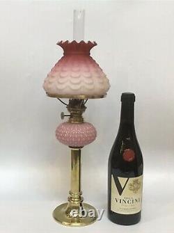 Small Antique Oil Lamp Embossed Cranberry Satin Glass Shade Cased Cranberry Font
