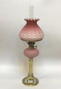 Small Antique Oil Lamp Embossed Cranberry Satin Glass Shade Cased Cranberry Font