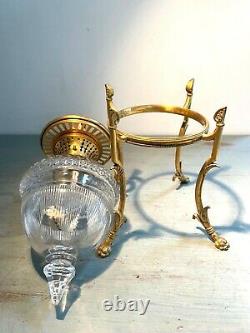 Small French ormolu supercut drop in glass oil lamp gilded brass cat paw feet