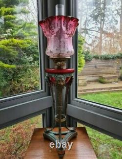 Solid Bronze Victorian Oil Lamp with Lions Heads Paw Feet Cranberry Cut Glass