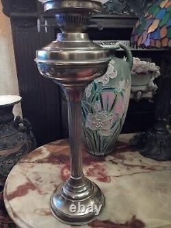 Stunning ANTIQUE BRASS Column OIL LAMP ETCHED OIL LAMP SHADE 29 Tall