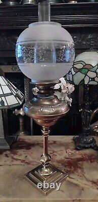 Stunning ANTIQUE Solid BRASS Base Column OIL LAMP ETCHED OIL LAMP SHADE