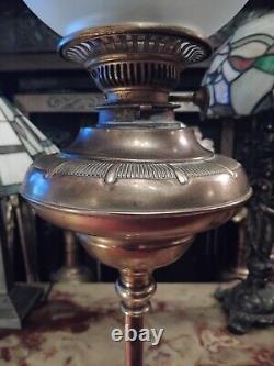 Stunning ANTIQUE Solid BRASS Base Column OIL LAMP ETCHED OIL LAMP SHADE