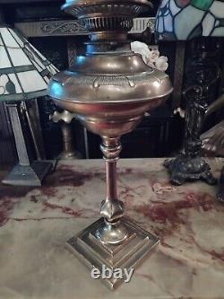 Stunning ANTIQUE Solid BRASS Base Column OIL LAMP ETCHED OIL LAMP SHADE