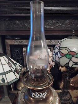 Stunning ANTIQUE Solid BRASS Base Column OIL LAMP ETCHED OIL LAMP SHADE