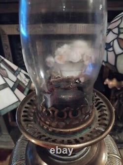 Stunning ANTIQUE Solid BRASS Base Column OIL LAMP ETCHED OIL LAMP SHADE