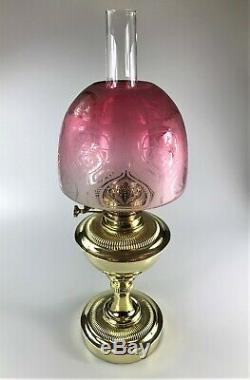 Stunning Antique Art Nouveau Messengers Oil Lamp Cranberry Tinted Shade