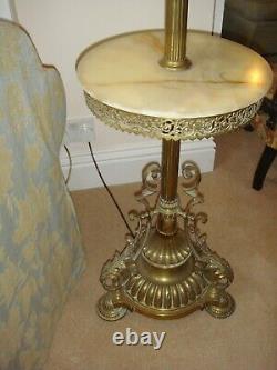 Stunning Antique Brass Converted Oil Standard Floor Lamp with Onyx Table