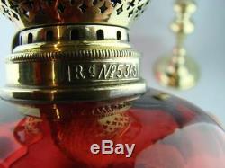 Stunning Antique Candlestick Peg Lamp / Oil Lamp, Cranberry Glass Shade & Font