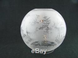 Stunning Antique Hinks Etched Globe Duplex Oil Lamp Shade, Deer In Forest Decor