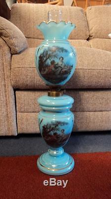 Stunning Antique Victorian Blue Glass Oil Lamp Paraffin