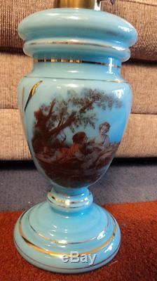 Stunning Antique Victorian Blue Glass Oil Lamp Paraffin