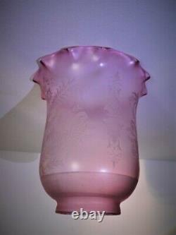 Stunning Antique Victorian Cranberry Pink Etched Oil Lamp Shade