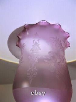 Stunning Antique Victorian Cranberry Pink Etched Oil Lamp Shade