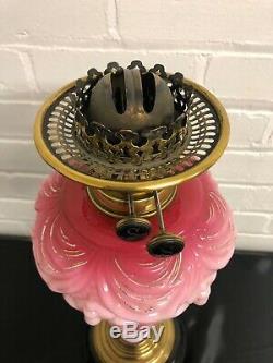 Stunning Antique Victorian Pink Embossed Oil Lamp with Satin Shade