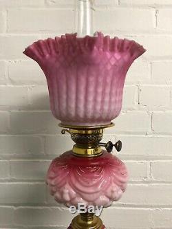 Stunning Antique Victorian Pink Embossed Oil Lamp with Satin Shade