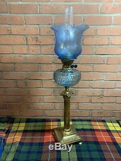 Stunning Blue Glass Victorian Corinthian Column Twin Duplex Table Oil Lamp