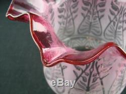 Stunning Cranberry Glass Acid Etched Tulip Duplex Oil Lamp Shade 4 Fitter