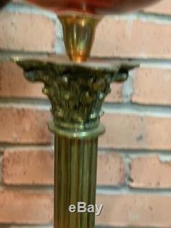 Stunning Cranberry Glass Victorian Corinthian Column Twin Duplex Table Oil Lamp